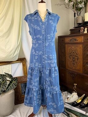 Solitaire Denim Sleeveless Blue Floral Tiered Maxi Midi Summer Dress Coastal